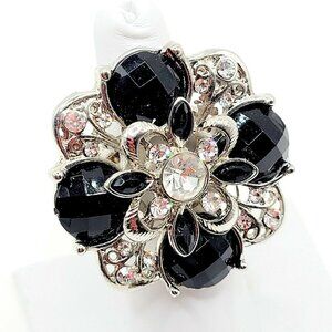 Large Rhinestone Statement Stretch Ring Silver Tone Black & Clear Stones Sz 6&Up
